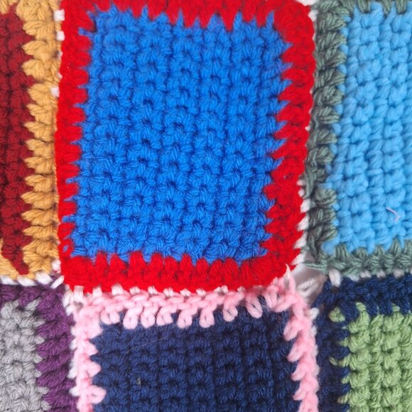 Handmade Multicolor Crochet Blanket With Square Patchwork Design & Scalloped Edg - Picture 3 of 4